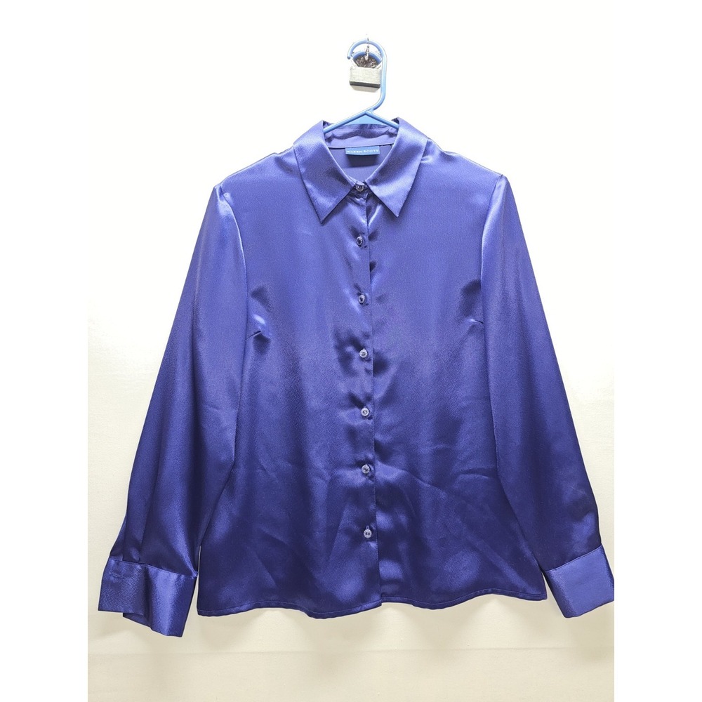 Vtg Y2K Karen Scott Royal Blue Satin Blouse M Liquid Silk Style Button Up Career